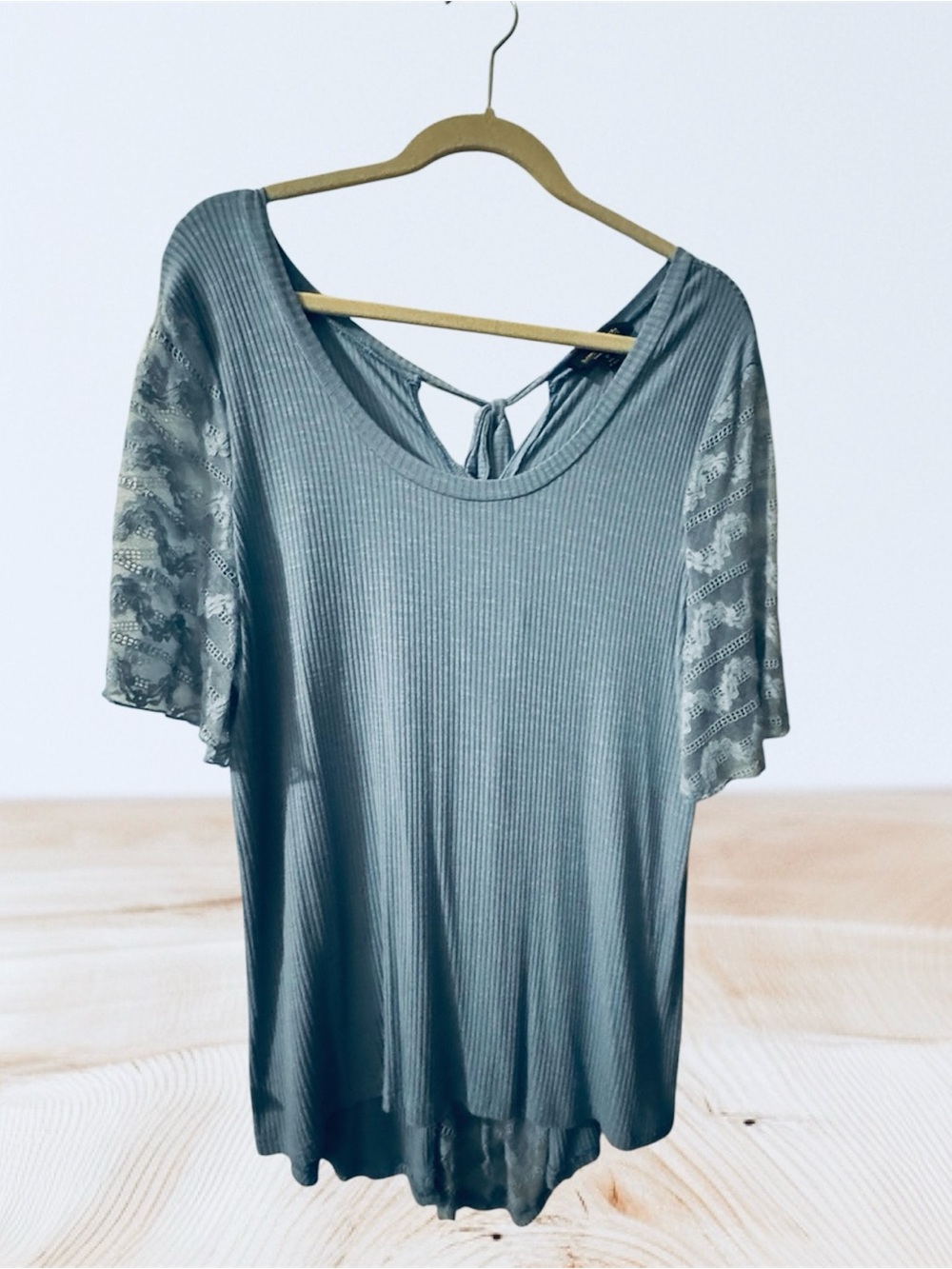 Suzanne Betro Slate Blue Ribbed Scoop Neck Top with Lace Tie Back